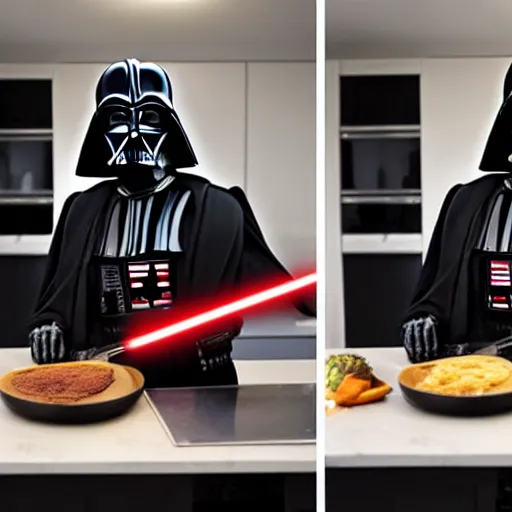 Prompt: Darth Vader cooking in the kitchen