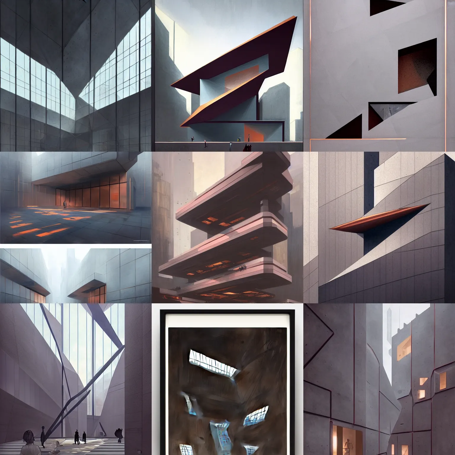 Prompt: futuristic moma museum nyc, geometrical shapes, concrete steel glass, copper details, high contrast, muted colors, concept art, greg rutkowski