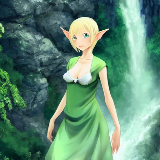 Image similar to beautiful young blonde-haired elf woman tucking her hair behind her ear and wearing a green dress in front of a waterfall, anime art, trending on artstation, super cute, 4k