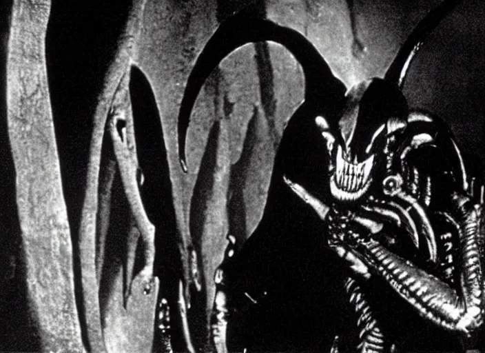 Image similar to Xenomorph in a still from the movie Nosferatu: A Symphony of Horror (1922), high quality