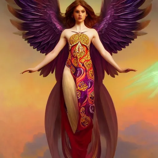 Image similar to a beautiful orchid phoenix angel woman, in an ornamented dress with large wings, volumetric light, god rays, 8 k high resolution, rubies, by greg rutkowski, artgerm, alphonse mucha