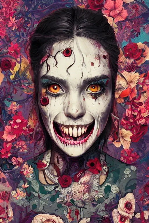 Image similar to a zombiegirl smiling, Tristan Eaton, victo ngai, artgerm, RHADS, ross draws