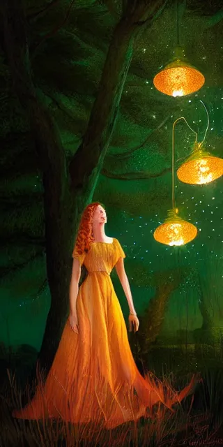 Image similar to young woman surrounded by golden firefly lights in a stunning scene, amidst nature fully covered by a intricate detailed dress, long red hair, precise linework, accurate green eyes, small nose with freckles, smooth oval shape face, empathic, bright smile, expressive emotions, hyper realistic ultrafine art by artemisia gentileschi, jessica rossier, boris vallejo