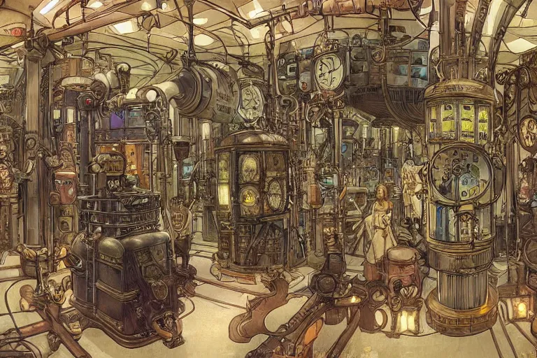 Prompt: steampunk lab room filled with clocks and alchemy equipment, mad scientist working, giant screens, sci - fi vending machine, concept art by mucha