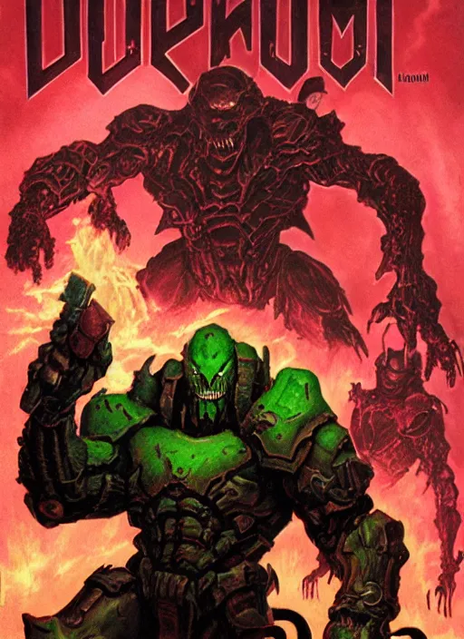 Image similar to ( doom ) box cover featuring hellknight by kenneth scott and idsoftware