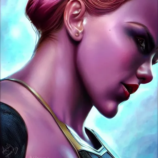 Image similar to scarlett johansson as thanos, feminine beautiful muscular fitness model wearing armor, purple skin, red lips, strong jaw, pin up, attractive, highly detailed upper body portrait, pretty face, elegant, breathtaking art, concept art, by artgerm and ilya kuvshinov