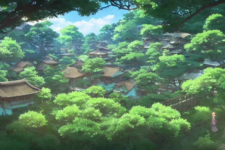 Prompt: a beautiful overgrown japanese village , wide shot, peaceful and serene, incredible perspective, anime scenery by Makoto Shinkai, very detailed