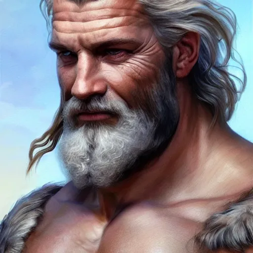 Prompt: half body portrait of rugged zeus, greek god, 4 0 years old, handsome, white hair, soft hair, upper body, muscular, hairy torso, fantasy, intricate, elegant, highly detailed, digital painting, artstation, concept art, smooth, sharp focus, illustration, art by artgerm and greg rutkowski and alphonse mucha