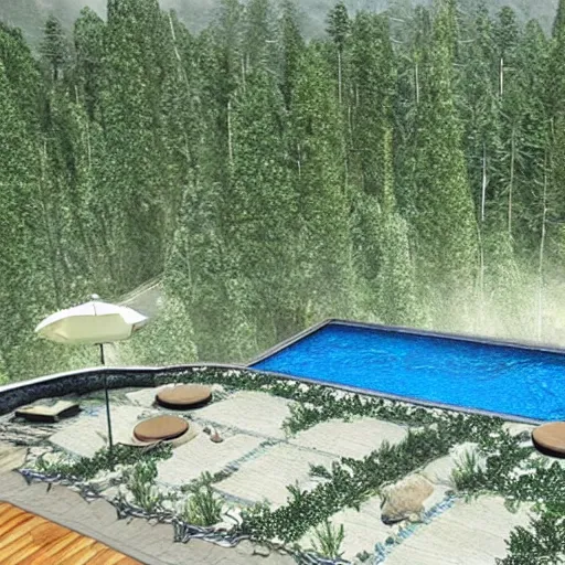 Prompt: abnormally large and complex shaped swimming pool in the middle of the forest, high details, ultra realistic, high fidelity