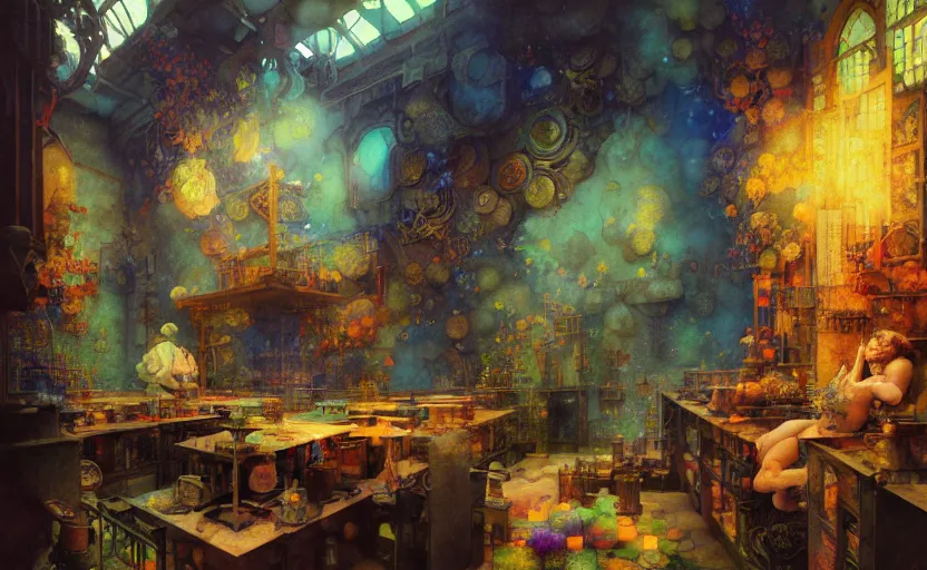 Image similar to alchemy laboratory, fantasy. intricate, amazing composition, colorful watercolor, by ruan jia, by maxfield parrish, by marc simonetti, by hikari shimoda, by robert hubert, by zhang kechun, illustration, gloomy