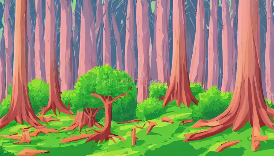 Prompt: forest with giant trees, ruins, colorful, vector illustration