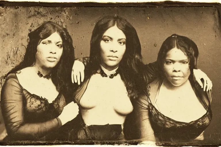 Prompt: a ferrotype photo of a nasty brothel bar fight between Kim Kardashian and Queen Latifa circa 1850's