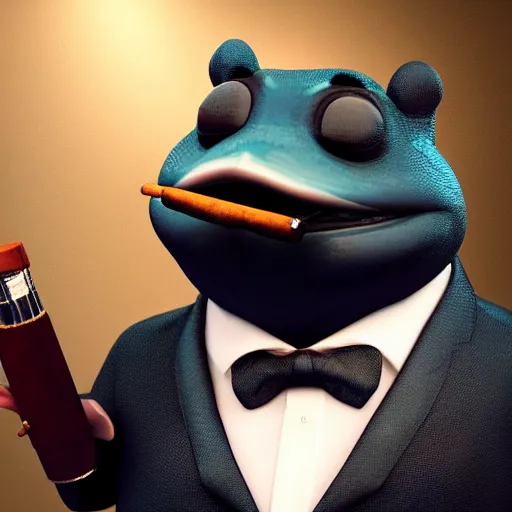 Image similar to a high quality photo of an antropomorphic mafia frog wearing a suit smoking a cigar, 3d scene, render, ultra realistic, artstation, cgsociety