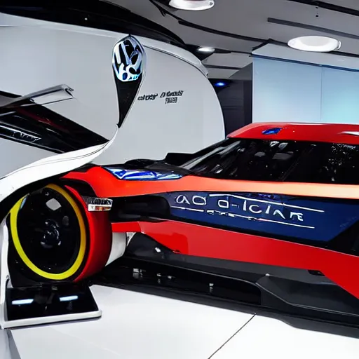 Image similar to a volkswagen concept racecar with agressive design in a showroom