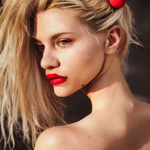 Prompt: photograph of an olive skinned blonde female model in her twenties, her hair pinned up, wearing a designer top, looking content, focused on her neck, photo realistic, luscious red lips, extreme detail skin, natural beauty, no filter, slr, golden hour, 8 k, high definition, selfie