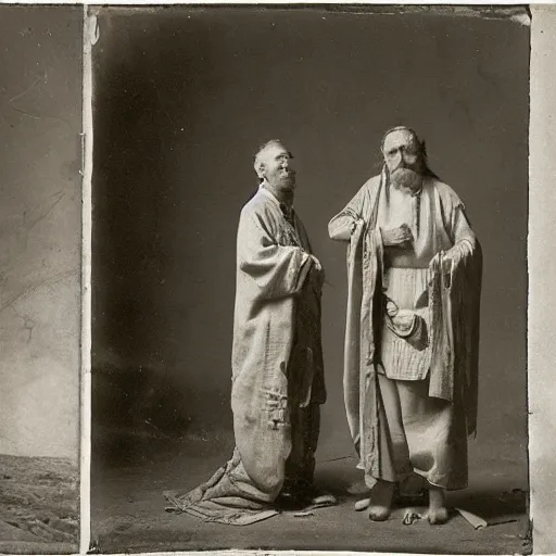 Image similar to two men stand beside one another, an alchemist and a shaman, ancient esoteric era, studio photography