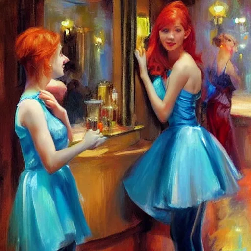 Image similar to young red heads at the night club, painting by Vladimir Volegov,