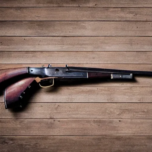 Image similar to Photo of a muzzle loaded flintlock AK-47 laid on a table, 4k, Forgotten Weapons, grey table background