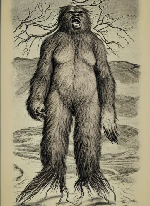 Prompt: vintage medical anatomical illustration of sasquatch, highly detailed, labels, intricate writing