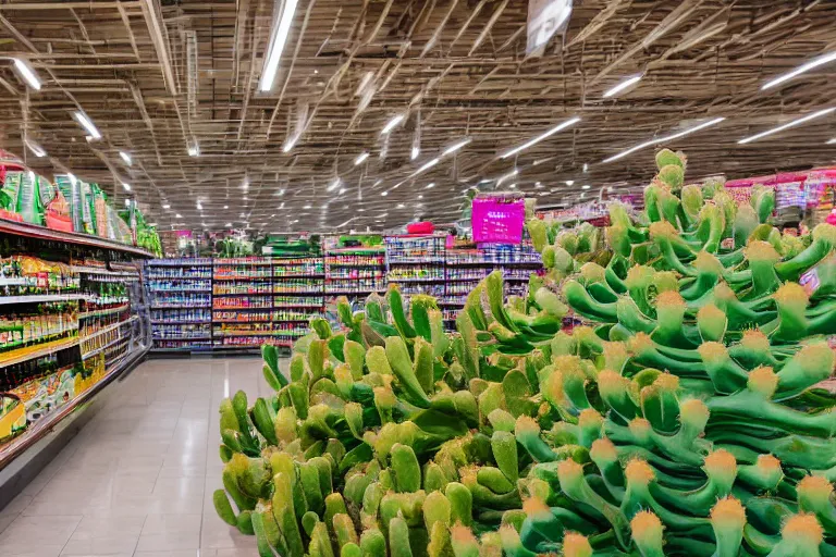 Prompt: 2001 y2k grocery store made of cactus, cactai repeats endlessly 85mm f/11 interior photography two point perspective,