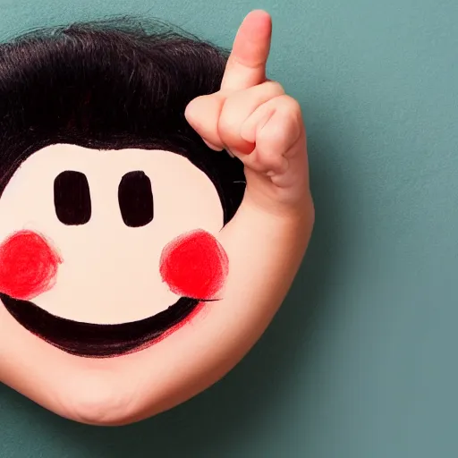 Image similar to child drawing of smiling emoji face with thumb up and red eyes.