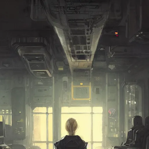 Image similar to concept art by greg rutkowski, a very tall, and slender woman with blond hair, sitting with the crew in the ship's flight deck, brutalist futuristic interior, dark lighting atmosphere, detailed portraits, nostalgic atmosphere, scifi, digital painting, artstation, concept art, smooth, sharp foccus ilustration, artstation hq