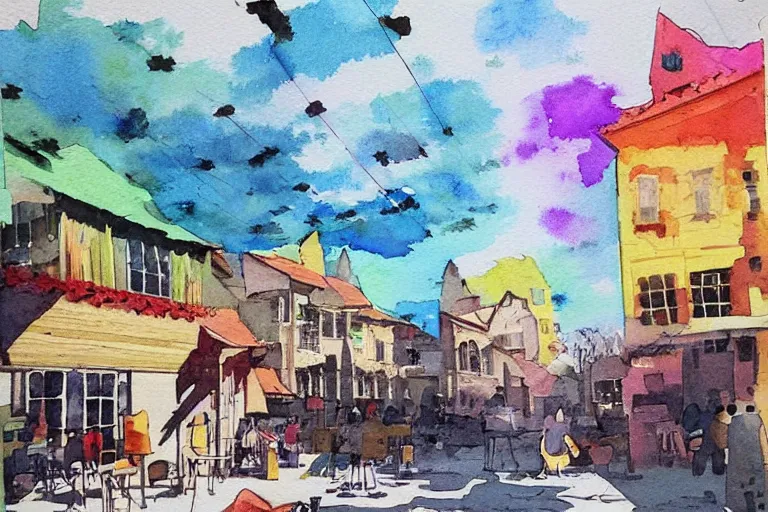 Image similar to watercolor townsquare in a sunny day, artwork by tooth wu, colorful high contrast,!! very coherent!!, dark shadow, thick lineart