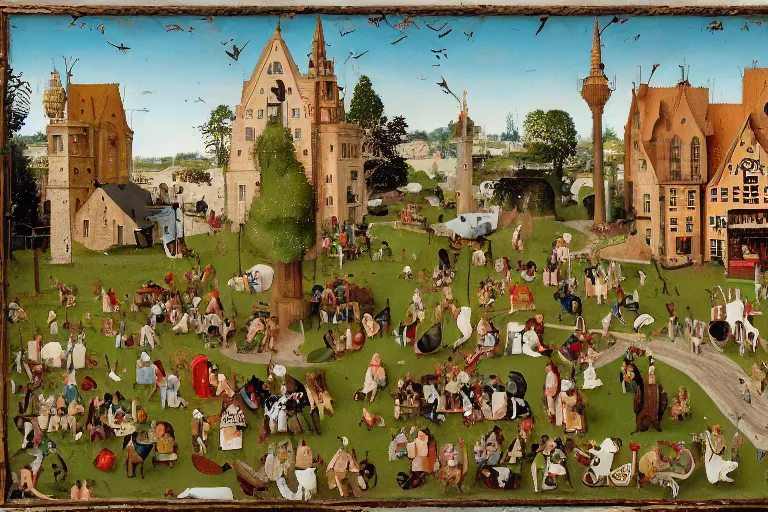 Prompt: an elaborate and dense painting of a peaceful neighborhood scene, detailed, made of alcohol ink on parchment and penned illustrations, by wes anderson and hieronymus bosch and geoff darrow