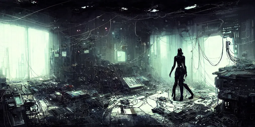 Prompt: a female cyborg sitting on the floor, inside an old apartment, cybernetic parts and wires and cables scattered across the floor, dystopian aesthetics, cyberpunk, concept art, misty, cinematic, dramatic lighting, ominous, by jeremy mann and michael weisheim beresin and ruan jia