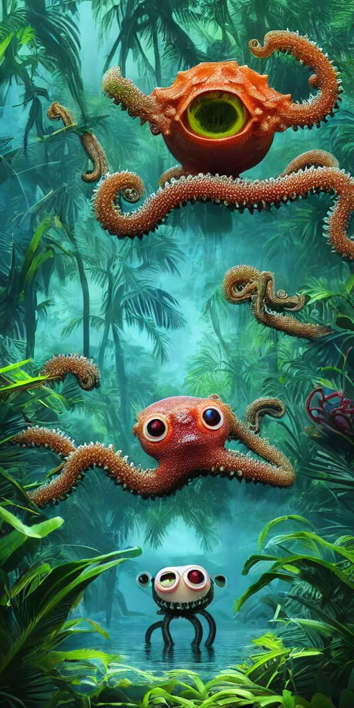 Image similar to of a tropical rainforest lake with strange cute friendly happy creatures with huge eyes, mouth, long tongue, round teeth and tentacles appearing from sandy coral, in the style of gehry and gaudi, macro lens, shallow depth of field, ultra detailed, digital painting, trending artstation, concept art, illustration, cinematic lighting, photorealism, epic, octane render