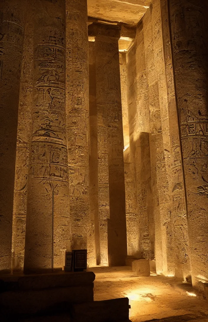 Image similar to punisher symbol is giant entrance into ancient egyptian temple with luminous smoke and light rays.