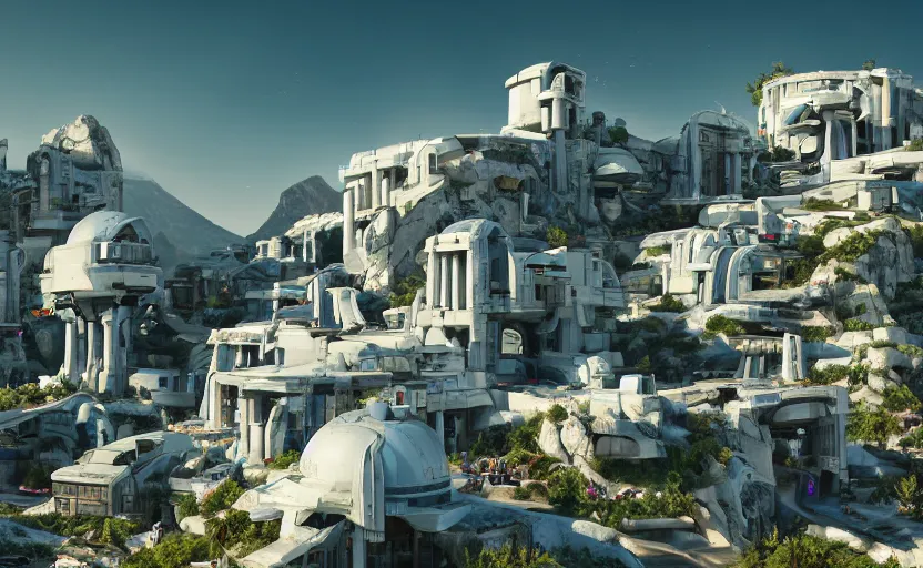 Image similar to futuristic robotic village with technology, white, purple roofs, ancient greek style, sci-fi, beams, tubes, pipes, built on a steep hill, on top of the hill is a futuristic greek temple, pillars, cyberpunk, cgi, in the style of Pixar, hyper realistic, Unreal Engine 5, octane render, trending on art station