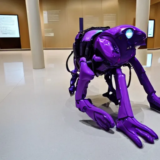 Prompt: a boston dynamics's spot with a purple leg in an empty museum