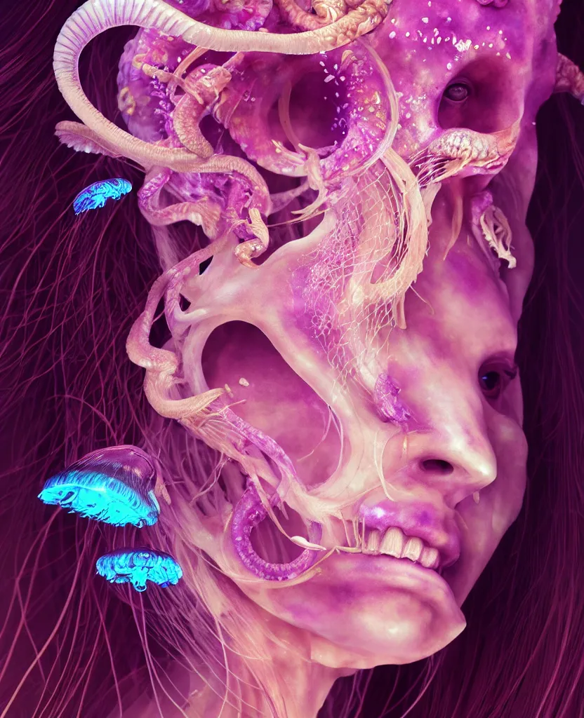 Image similar to goddess princess beautiful woman face close-up portrait ram skull. jellyfish phoenix head, nautilus, orchid, skull, betta fish, bioluminiscent creatures, intricate artwork by Tooth Wu and wlop and beeple. octane render, trending on artstation, greg rutkowski very coherent symmetrical artwork. cinematic, hyper realism, high detail, octane render, 8k