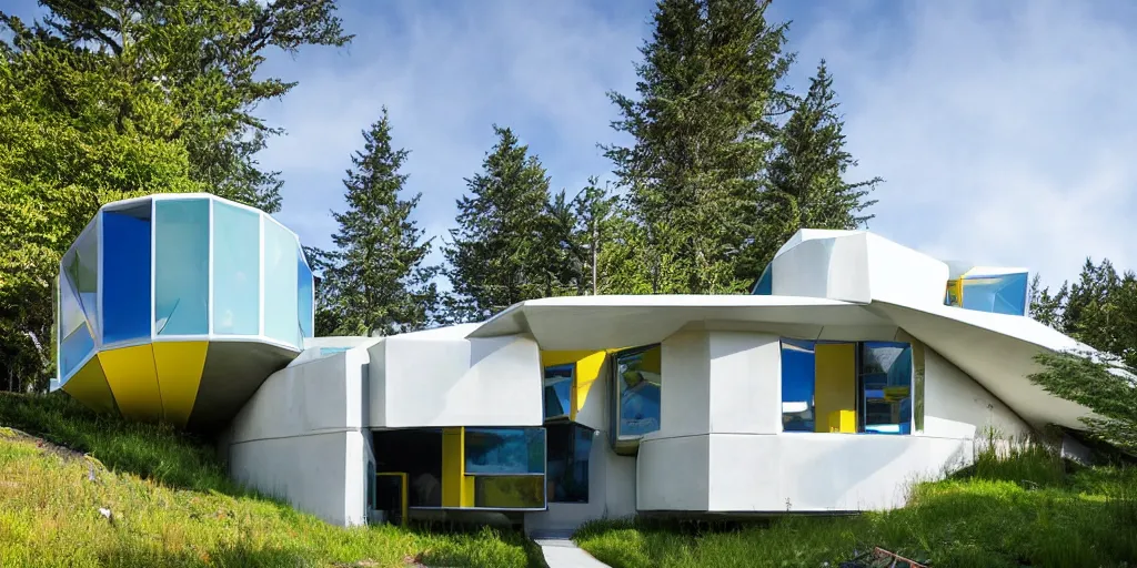 Prompt: large futuristic residence, white concrete, blue and yellow metal, many large green windows, pacific northwest, geodesic elements