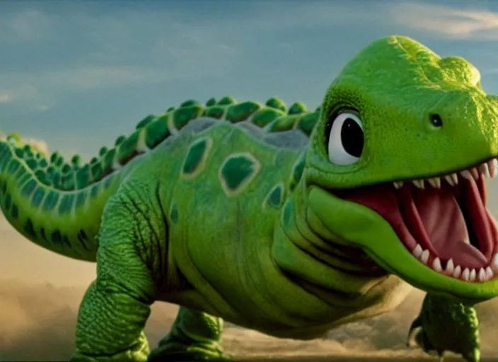 Prompt: film still of yoshi in the new sci - fi movie, upright dinosaur with a small turtle shell and long tongue, 8 k