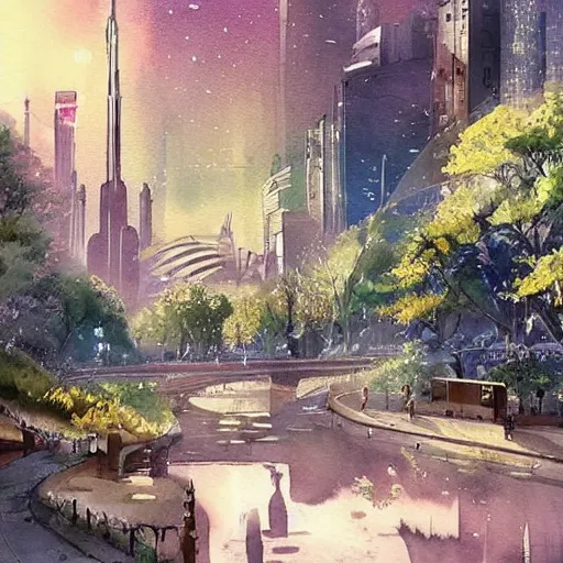 Prompt: Beautiful happy picturesque charming sci-fi city in harmony with nature. Nature everywhere. Nice colour scheme, soft warm colour. Beautiful detailed watercolor by Lurid. (2022)