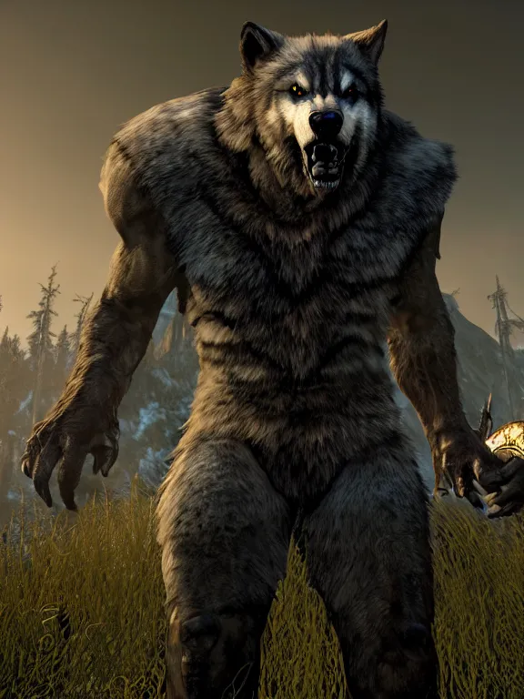 Prompt: cute handsome cuddly burly surly relaxed calm werewolf from van helsing unreal engine hyperreallistic render 8k character concept art masterpiece screenshot from the video game the Elder Scrolls V: Skyrim
