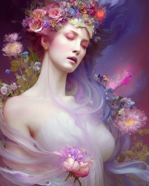 Prompt: Full View ultrarealistic Portrait ethereal fantasy deity wearing beautiful gown, flowers, spirituality, 4k digital masterpiece by Anna Dittman and Alberto Seveso Ruan Jia, rossdraws, artgerm and greg rutkowski and alphonse mucha and loish and WLOP, fantasycore, Hyperdetailed, realistic digital painting, soft lighting, featured on Artstation