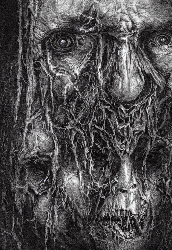 Prompt: extreme closeup portrait of a zombie face made of people, creepy atmosphere, dark, portrait, very realistic, illustration by gustave dore