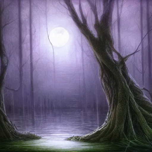 Prompt: highly realistic scenic painting of a towering misty dark fantasy forest surrounding a pond, a rusalka sits on the roots of an ancient tree looking up at the moon, spooky fog, looming trees, scary forest, midnight, dark, fantasy painting hd