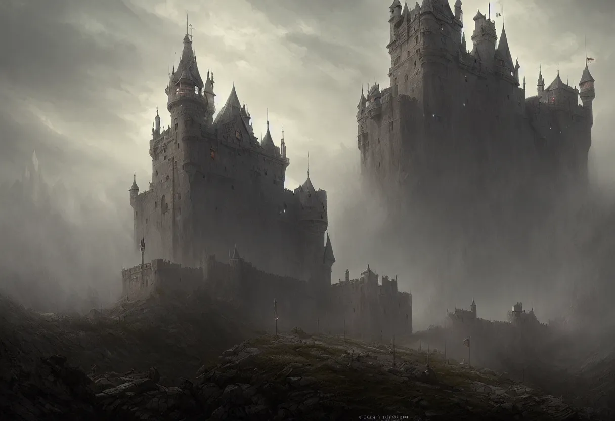 Image similar to castle with 3 0 years war, ultra high definition, ultra detailed, symmetry, fog, matte painting, by greg rutkowski and ross tran and wlop