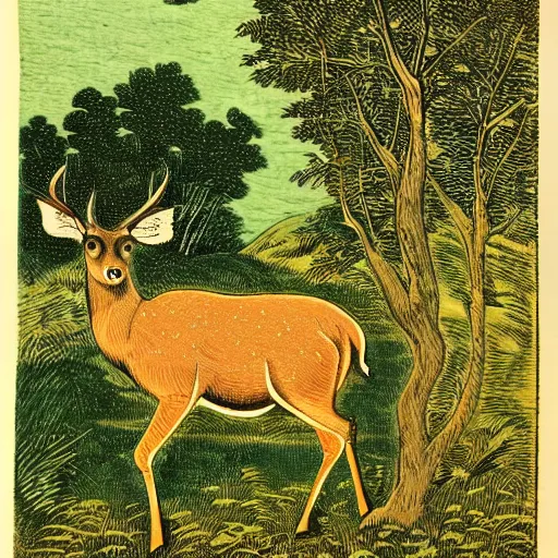 Prompt: romanticism art style, deer standing in field, lush pastoral woodland scene, colored woodblock print