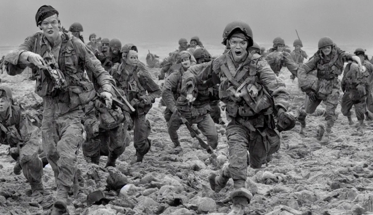 Image similar to Hollywood image of Matthew Lillard as shaggy from scooby doo, storming the beaches of Normandy, with soldiers by his side, saving private Ryan, 70mm film, HD, high detail, photorealistic, epic shot, Hollywood cinematic masterpiece, Christopher Nolan