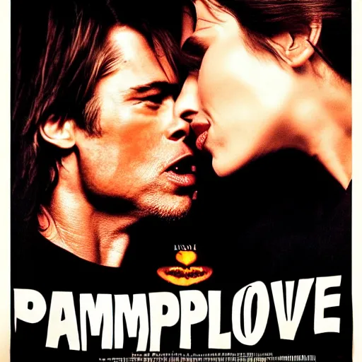 Prompt: promotional poster for movie titled pumpkinlove starring brad pitt, brad pitt passionately kissing pumpkin, angry tom cruise heads in background, horror film, scary movie poster,