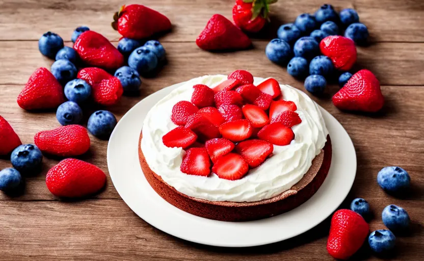 Image similar to A photo of a swedish cake from the side on a wooden table, with cream spread on the sides and strawberries, raspberries and blueberries placed in circles on top. Sunset. 4K. Cinematic lighting. High detail. Realistic. Delicious.