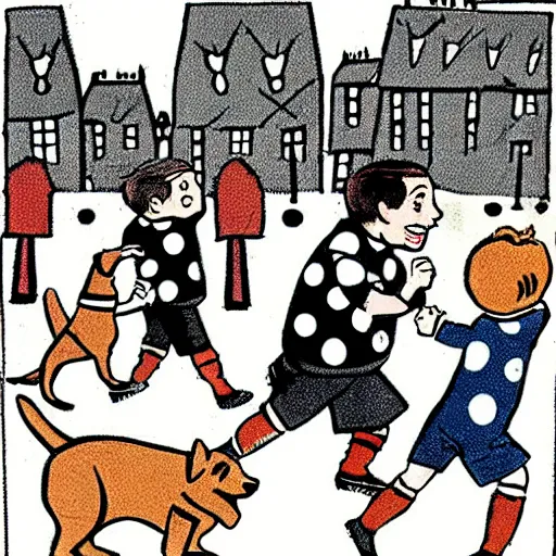 Image similar to illustration of french boy on the streets of paris playing football against a corgi, the dog is wearing a polka dot scarf, comic, 1 9 6 6