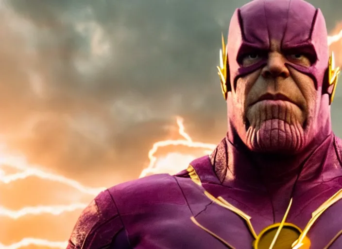 Prompt: film still of thanos as the flash in the new flash movie, 4 k, highly detailed face, detailed eyes