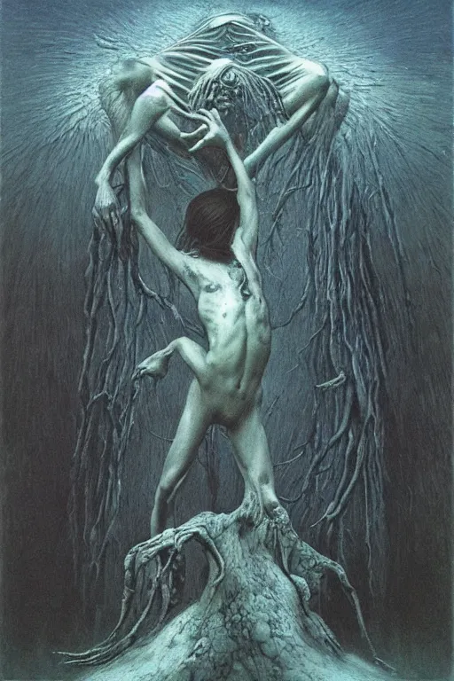 Image similar to an amazing masterpiece of art by gerald brom, Zdzisław Beksiński, ecstasy