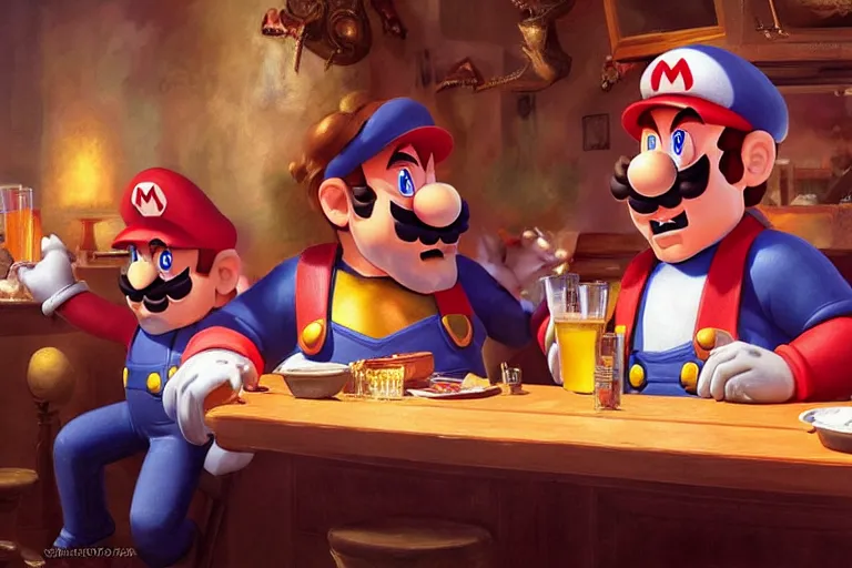 Image similar to mario and wario are best friends and drunk in a bar, highly detailed painting by unreal engine 5 and carravagio, leyendecker, craig mullins, nice lighting, smooth tiny details, soft and clear shadows, low contrast, perfect